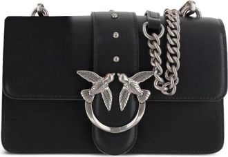 Pinko Structured Black Shoulder Bag With Silver Chain Strap And Bird Clasp