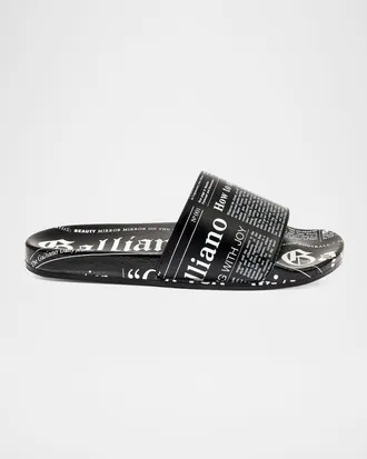 John Galliano Men & apos;s Gazette-Print Leather Pool Slides
