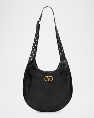 Valentino Garavani Mens Hoboho Studded Patchwork Leather Hobo Bag