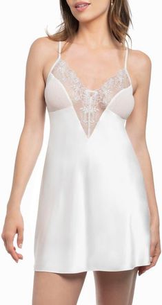 In Bloom by Jonquil Tasha Dotted Mesh & Lace Trim Satin Chemise in Ivory at Nordstrom, Size X-Small