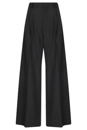 Tela Black Poly-Wool Pleated Straight-Leg Pants