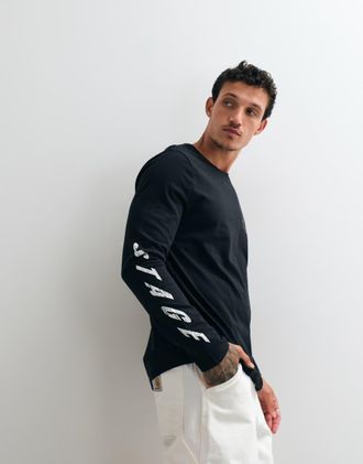 AllSaints Upstaged - T-shirt a maniche lunghe nero slavato con stampa del logo sul retro