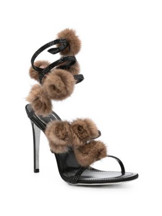 Rene Caovilla Embellished Fur-Trimmed Sandal - Black