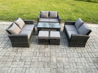 Fimous Outdoor U Shape Sofa Set Wicker PE Rattan Garden Furniture Set with Coffee Table Double Seat Sofa 2 Small Footstools in Dark Grey
