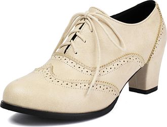 Generic Womens Lace Up Vintage Brogues Chunky Heel Platform Dress Shoes Round Toe PU Leather Casual Shoes,Beige,4.5 UK