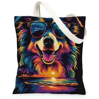 Generic Summer Rough Collie Dog Canvas Tote Bag for Shopping 13x15, Cool Beach Coastal Puppy Reusable Grocery Print Pattern Bag for Women, Retro Pet Beach Aes