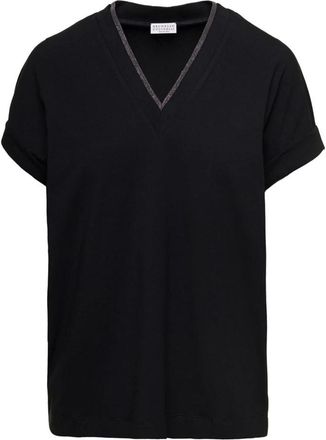 Brunello Cucinelli Monili V-neck T-shirt - Dames - T-shirts - Zwart - M - Katoen - Tops