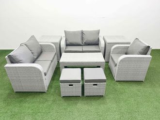 Fimous High Back Poly Rattan Garden Furniture Set w/ Reclining Chair Loveseat Sofa Oblong Coffee Table Indoor Outdoor Patio Set 2 Stool 2 Side Table
