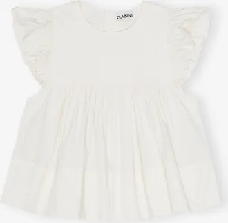 Ganni White Stretch Cotton Frill Sleeve Top - Size 10/12 Organic