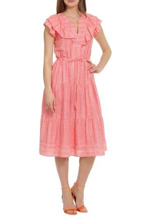 Maggy London Metallic Stripe Linen Blend Midi Dress in Light Red/Ivory at Nordstrom Rack, Size 2