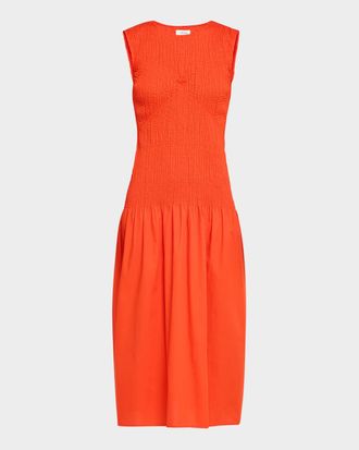 Reiss Annabel Smocked Drop-Waist Cotton Midi Dress