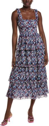 Ganni Pleated Georgette Flounce Smock Midi Dress