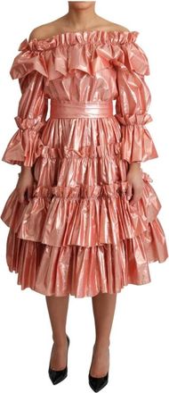 Dolce & Gabbana A-lijn lange mouwen jurk met metallic accenten - Dames - Feestkleedjes - Roze - 2XS - Katoen - Kleedjes