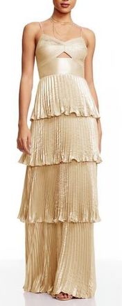 Dress The Population Zahrah Tiered Pleated Satin Evening Gown in Gold at Nordstrom Rack, Size X-Large