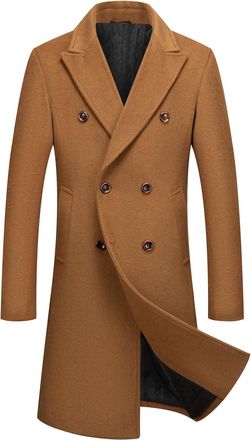 AlltheMen Mens Winter Wool Trench Coat Long Double Breasted Peacoat Regular Fit Overcoat Brown XXL