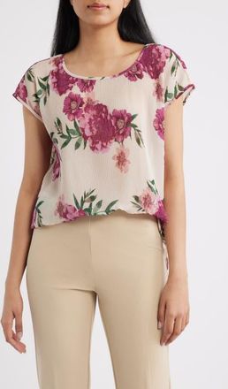 Tahari by ASL Floral Pliss&eacute; Top in Sand Berry Floral at Nordstrom, Size X-Large