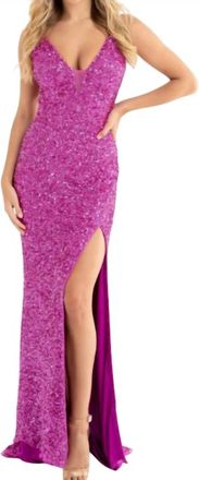 Primavera Plunging V-Neckline Open Back Sequin Embellished Slit Dress In Neon Pink