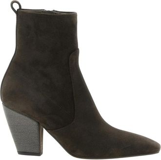 Brunello Cucinelli Schoenen, Dames, Bruin, 40 EU, Su&egrave;de, Su&egrave;de enkellaarsjes met kostbare hak