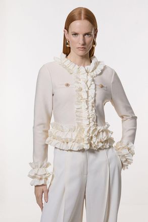 Karen Millen Womens Figure Form Bandage Knit Jacket With Woven Ruffle Trim - Natural - Size 16 UK