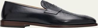 Brunello Cucinelli Mens Woven Vamp Leather Penny Loafers