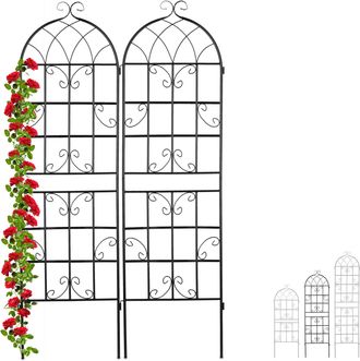 Relaxdays Set De 8 Soportes Plantas Met&aacute;licos, Con Estacas, Enrejado Para Trepadoras, 180 X 50 Cm, Jard&iacute;n, Negro