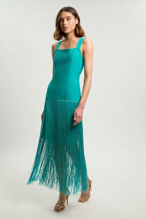 Karen Millen Womens Petite Figure Form Bandage Strappy Tassel Hem Knitted Dress - Teal - Size 12 UK