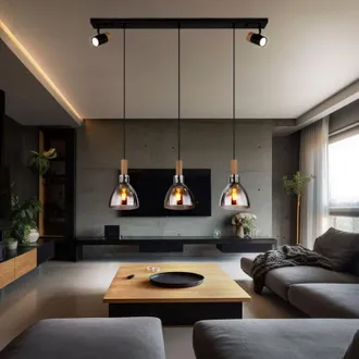 Globo Lighting Lampada a sospensione, nera, lampada da tavolo da pranzo, 5 punti fiamma, aspetto legno, vetro metallico, fumè, attacco GU10/E27, LxPxA 95x16x120 cm