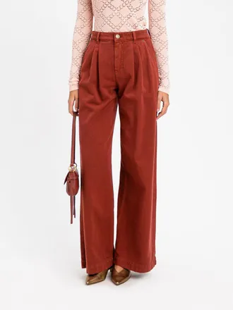Twinset Pantaloni wide leg in cotone con pinces e vita alta