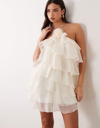 Gina Tricot Gina Tricot - Vestito corto bianco sporco con volant e fiori