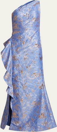 Teri Jon Metallic Jacquard One-Shoulder Side-Ruffle Gown