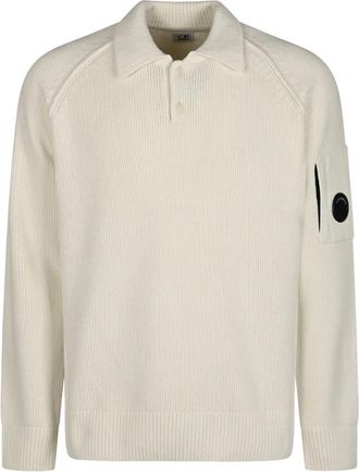 C.P. Company Truien Polo Kraag in Chenille Katoen - Heren - V-hals truien - Wit - L - Katoen - Truien & Vesten