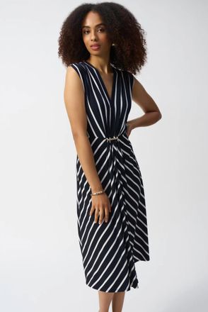 Joseph Ribkoff V-Neck Fit And Flare Dress In Midnight Blue/vanilla