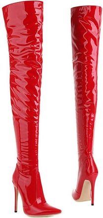 Generic Womens Patent Leather Stretch Thigh High Boots Side Zipper Pointed Toe Stiletto Heels Over The Knee Party Club Shoes (5.5,Red)