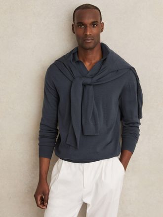Reiss Midnight Navy Merino Wool Open-collar Polo Shirt, XL