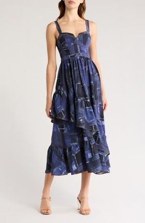 Cinq &agrave; Sept Jordyn Patchwork Denim Ruffle Midi Dress in Indigo Multi at Nordstrom Rack, Size 2