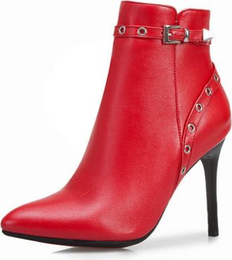 Generic Womens Ankle Boots with Pointed Toe & Stiletto Heel, Studded Buckle Detail Boots for Party & Evening Wear,Red,7.5 UK