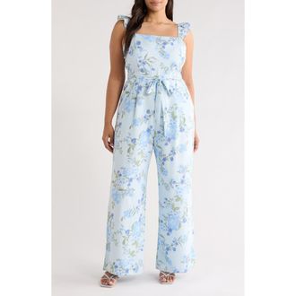 Sugarlips Dusty Floss Floral Flutter Sleeve Tie Belt Jumpsuit in Light-Blue-Multi at Nordstrom, Size 3X