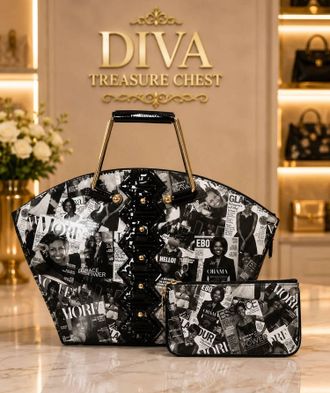 Diophy Womens Michelle Obama Magazine Cover Collage Handbag In Black/white