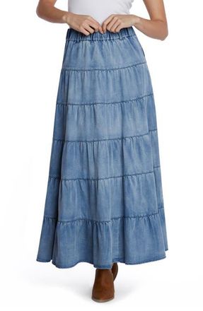 Wash Lab Denim Tiered Denim Maxi Skirt in Storm Blue at Nordstrom, Size X-Small