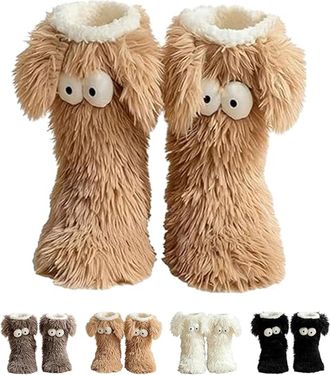 Generic Friends Cozy Socks, Womens Winter Warm Fuzzy Non-Slip Slipper Socks with Cute Big Eyes, Winter Home Sock for Women (khaki)