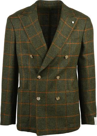 L.B.M. 1911 Double-Breasted Wool Blazer with Orange Windowpane Check Pattern