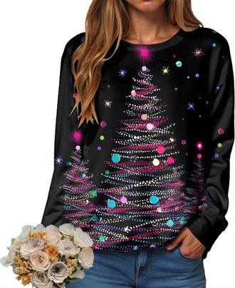 Generic Womens Christmas Sweatshirts 2025 Fashion Long Sleeve Crewneck Tops Plus Size Loose Fit Shirts Xmas Dressy Santa Tree Wine Snowflake Graphic Print Blo