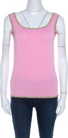 Escada Baby Pink Stretch Knit Sequined Lace Trim Sleeveless Top