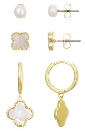 Adornia 14K Gold Plated Freshwater Pearl & Mother-of-Pearl Stud & Clover Drop Earrings in Gold/White at Nordstrom Rack
