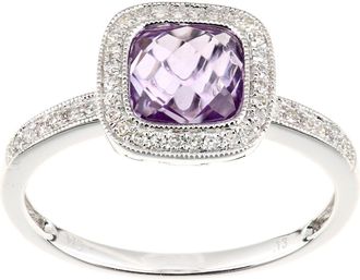 Jewelco London 9ct White Gold Diamond Cushion Amethyst Square Cushion Halo Ring - DR1AXL679WAM