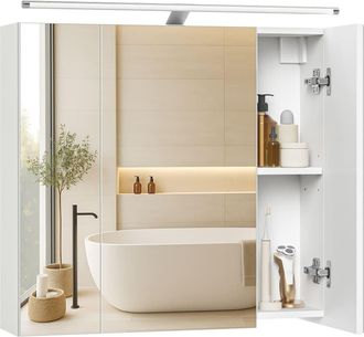 Vasagle Armario de ba&ntilde;o de pared con 3 puertas espejo iluminaci&oacute;n blanco