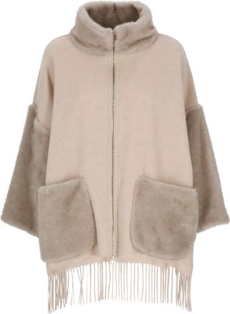 Herno Beige Faux Fur Accent Fringe Wool Jacket