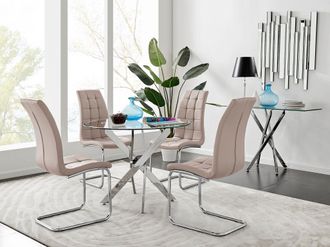 Furniturebox Novara Chrome Metal 100cm Round Glass Dining Table & 4 Murano Dining Chairs in Beige