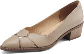 TinaCus Womens Pointed Toe Genuine Leather Handmade Low Chunky Heels Casual Pumps Shoes, Apricot, 4.5 UK