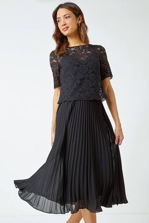 Roman Lace Top Overlay Pleated Midi Dress